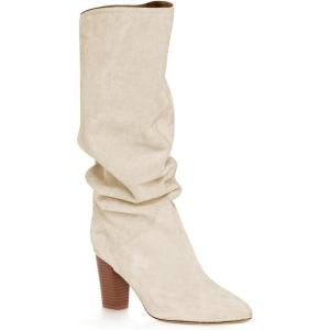 imageCoutgo Womens Slouchy Knee High Boots Wide Calf Kitten Heel Pointed Toe Pull On Long Boots Winter ShoesZwhite
