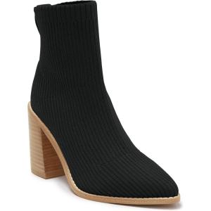 imageCoutgo Womens Sock Ankle Boots Pointed Toe Chunky High Stacked Heel Pull On Ribbed Knit Chelsea Boots BootiesBlack