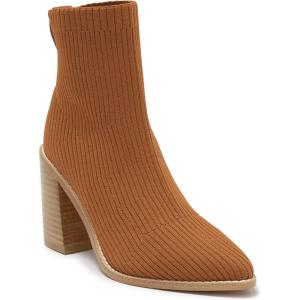 imageCoutgo Womens Sock Ankle Boots Pointed Toe Chunky High Stacked Heel Pull On Ribbed Knit Chelsea Boots BootiesBrown