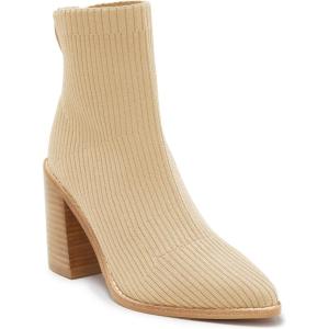 imageCoutgo Womens Sock Ankle Boots Pointed Toe Chunky High Stacked Heel Pull On Ribbed Knit Chelsea Boots BootiesKhaki