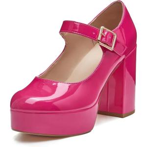 imageCoutgo Womens TStrap Round Toe Platform Heels Chunky Heel Patent Mary Jane Dress ShoesAnkle Strap Hot Pink