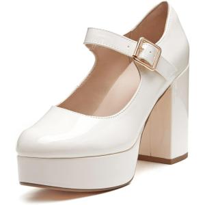 imageCoutgo Womens TStrap Round Toe Platform Heels Chunky Heel Patent Mary Jane Dress ShoesAnkle Strap White