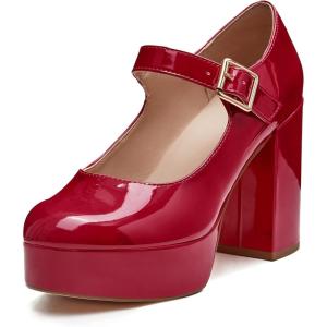 imageCoutgo Womens TStrap Round Toe Platform Heels Chunky Heel Patent Mary Jane Dress ShoesAnkle Strap Wine