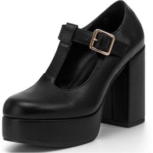 imageCoutgo Womens TStrap Round Toe Platform Heels Chunky Heel Patent Mary Jane Dress ShoesBlack