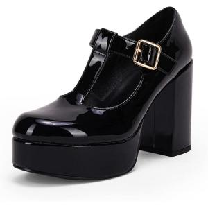 imageCoutgo Womens TStrap Round Toe Platform Heels Chunky Heel Patent Mary Jane Dress ShoesBlack Patent