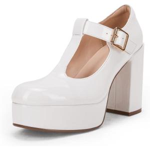 imageCoutgo Womens TStrap Round Toe Platform Heels Chunky Heel Patent Mary Jane Dress ShoesWhite