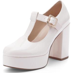 imageCoutgo Womens TStrap Round Toe Platform Heels Chunky Heel Patent Mary Jane Dress ShoesWhite Pink