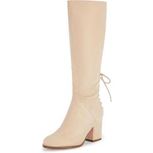 imageCoutgo Womens Wide Calf Knee High Boots Chunky Block Heel Round Toe Back Straps Side Zipper Winter Dress BootsBeige