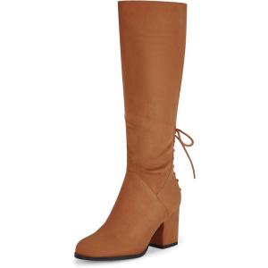 imageCoutgo Womens Wide Calf Knee High Boots Chunky Block Heel Round Toe Back Straps Side Zipper Winter Dress BootsBrown
