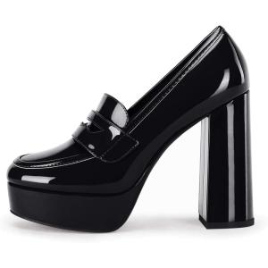 imageWomens Platform Heels Loafers Chunky High Heel Closed Toe Patent Leather Shoes Penny Loafer Business Dress Work PumpsBlack