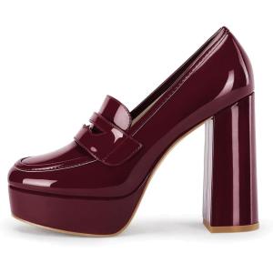 imageWomens Platform Heels Loafers Chunky High Heel Closed Toe Patent Leather Shoes Penny Loafer Business Dress Work PumpsBurgundy