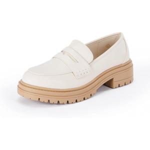imageWomens Platform Loafers Lug Sole Chunky Heel Non Slip Faux Leather Casual Comfortable Round Toe Goth Oxford ShoesCream