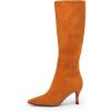 imageCoutgo Womens Knee High Boots Pointed Toe Kitten Heel Side Zipper Stretchy Vegan Suede Comfort Fall Winter BootBrown