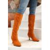 imageCoutgo Womens Knee High Boots Pointed Toe Kitten Heel Side Zipper Stretchy Vegan Suede Comfort Fall Winter BootBrown