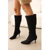 imageCoutgo Womens Knee High Boots Pointed Toe Kitten Heel Side Zipper Stretchy Vegan Suede Comfort Fall Winter BootPure Black