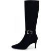 imageCoutgo Womens Knee High Boots Stiletto Heels Suede Pointed Toe Wide Calf Metal Buckle Side Zipper Winter BootsBlack