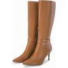 imageCoutgo Womens Knee High Boots Stiletto Heels Suede Pointed Toe Wide Calf Metal Buckle Side Zipper Winter BootsBrown
