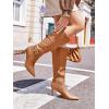 imageCoutgo Womens Knee High Boots Stiletto Heels Suede Pointed Toe Wide Calf Metal Buckle Side Zipper Winter BootsBrown