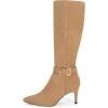 imageCoutgo Womens Knee High Boots Stiletto Heels Suede Pointed Toe Wide Calf Metal Buckle Side Zipper Winter BootsKhaki