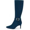 imageCoutgo Womens Knee High Boots Stiletto Heels Suede Pointed Toe Wide Calf Metal Buckle Side Zipper Winter BootsNavy
