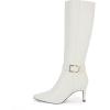 imageCoutgo Womens Knee High Boots Stiletto Heels Suede Pointed Toe Wide Calf Metal Buckle Side Zipper Winter BootsWhite