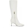 imageCoutgo Womens Knee High Boots Stiletto Heels Suede Pointed Toe Wide Calf Metal Buckle Side Zipper Winter BootsWhite