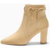 imageCoutgo Womens Pointed Toe Ankle Boots Chunky Block Heel Tie Knot Side Zipper Dressy BootiesKhaki