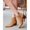 imageCoutgo Womens Pointed Toe Ankle Boots Cutout Tie Knot Chunky Block Stacked Heel Suede Booties ShoesKhaki