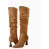 imageCoutgo Womens Slouchy Knee High Boots Wide Calf Pointed Toe Side Zipper Chunky Heel Long Boots Winter ShoesBrown