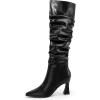 imageCoutgo Womens Slouchy Knee High Boots Wide Calf Pointed Toe Side Zipper Chunky Heel Long Boots Winter ShoesCool Black