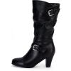 imageCoutgo Womens Slouchy Mid Calf Boots Chunky Heel Faux Leather Knee High Boots Side Zipper Metal Buckle Folds Winter BootsBlack