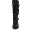 imageCoutgo Womens Slouchy Mid Calf Boots Chunky Heel Faux Leather Knee High Boots Side Zipper Metal Buckle Folds Winter BootsBlack