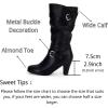 imageCoutgo Womens Slouchy Mid Calf Boots Chunky Heel Faux Leather Knee High Boots Side Zipper Metal Buckle Folds Winter BootsBlack