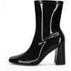 imageCoutgo Womens Square Toe Gogo Mid Calf Booties Patent Leather High Chunky Block Heel Side Zipper Ankle BootsCool Black