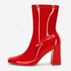 imageCoutgo Womens Square Toe Gogo Mid Calf Booties Patent Leather High Chunky Block Heel Side Zipper Ankle BootsRed