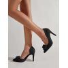imageWomens Bow Heels Closed Pointed Toe Dress Shoes Stiletto Slip on Wedding PumpsBlack