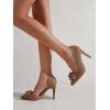 imageWomens Bow Heels Closed Pointed Toe Dress Shoes Stiletto Slip on Wedding PumpsCoffee