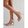 imageWomens Bow Heels Closed Pointed Toe Dress Shoes Stiletto Slip on Wedding PumpsNude
