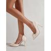 imageWomens Bow Heels Closed Pointed Toe Dress Shoes Stiletto Slip on Wedding PumpsWhite