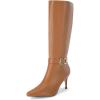 imageCoutgo Womens Knee High Boots Stiletto Heels Suede Pointed Toe Wide Calf Metal Buckle Side Zipper Winter BootsBrown