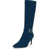 imageCoutgo Womens Knee High Boots Stiletto Heels Suede Pointed Toe Wide Calf Metal Buckle Side Zipper Winter BootsNavy