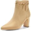 imageCoutgo Womens Pointed Toe Ankle Boots Chunky Block Heel Tie Knot Side Zipper Dressy BootiesKhaki