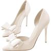 imageWomens Bow Heels Closed Pointed Toe Dress Shoes Stiletto Slip on Wedding PumpsWhite