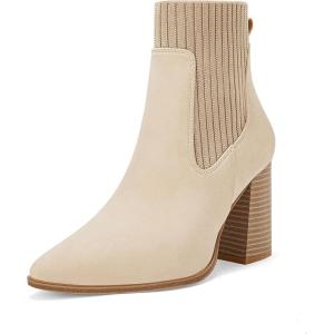 imageCoutgo Women Ankle Boots Sock Booties Pointed Toe Chunky Stacked High Heel Knit Chelsea Winter Dress BootiesApricot