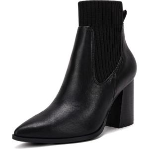 imageCoutgo Women Ankle Boots Sock Booties Pointed Toe Chunky Stacked High Heel Knit Chelsea Winter Dress BootiesBlack