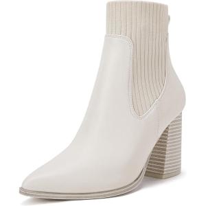 imageCoutgo Women Ankle Boots Sock Booties Pointed Toe Chunky Stacked High Heel Knit Chelsea Winter Dress BootiesWhite