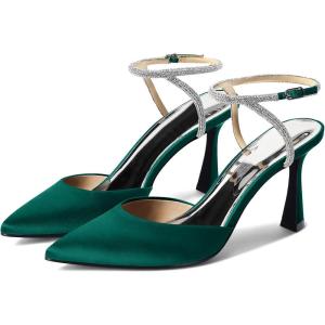 imageCoutgo Women Rhinestone Heels Kitten High Satin Pumps Pointed Toe Sparkly Sexy Wedding Dress ShoesDark Green