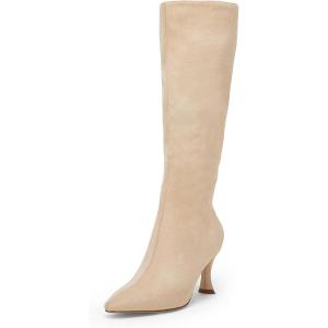 imageCoutgo Womens Knee High Boots Pointed Toe Kitten Heel Side Zipper Stretchy Vegan Suede Comfort Fall Winter BootBeige