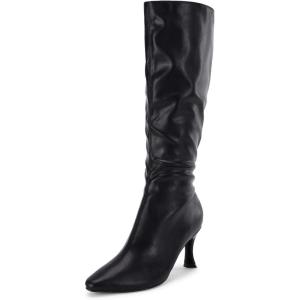 imageCoutgo Womens Knee High Boots Pointed Toe Kitten Heel Side Zipper Stretchy Vegan Suede Comfort Fall Winter BootBlack