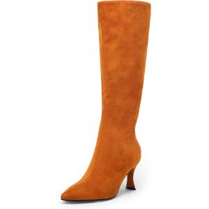 imageCoutgo Womens Knee High Boots Pointed Toe Kitten Heel Side Zipper Stretchy Vegan Suede Comfort Fall Winter BootBrown